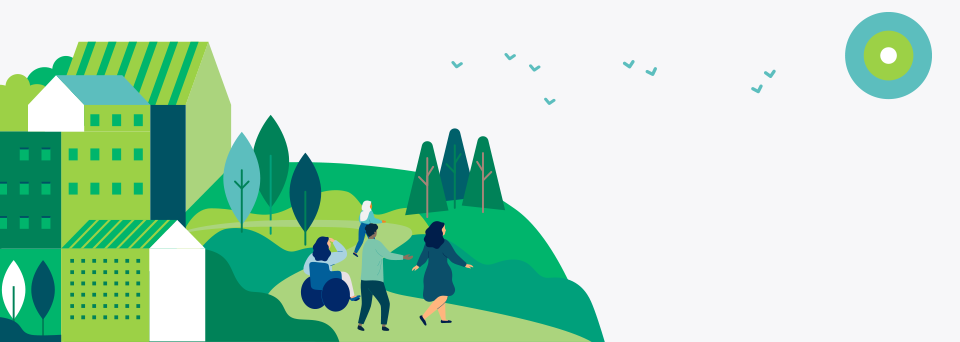 The image shows green buildings, grass and trees, birds flying, three people standing and another in a wheelchair